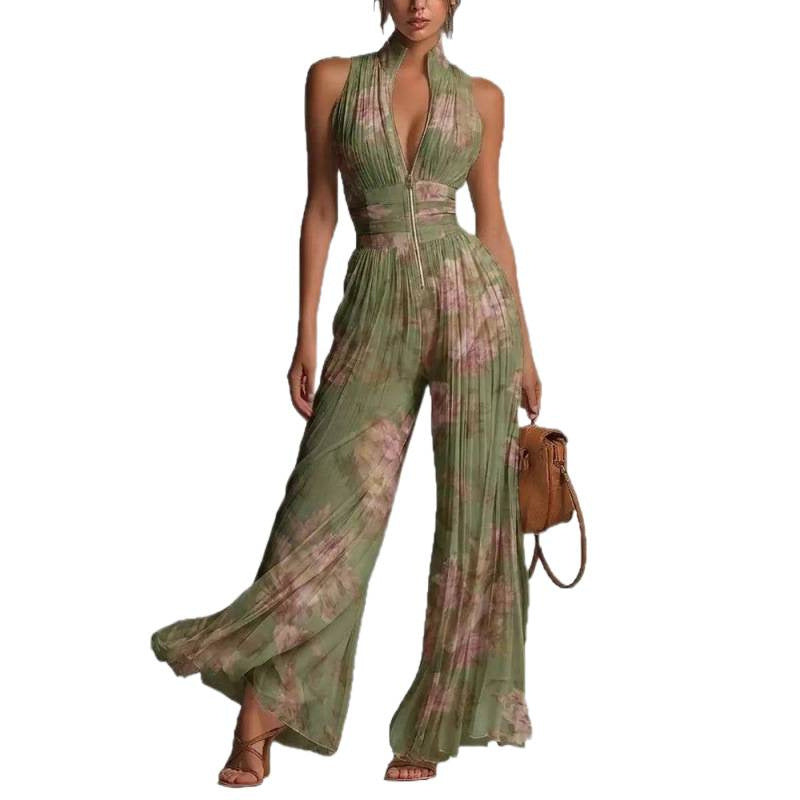 Womens Pleated Halter Neck Wide-Leg Jumpsuit