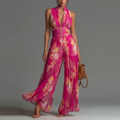 Womens Pleated Halter Neck Wide-Leg Jumpsuit