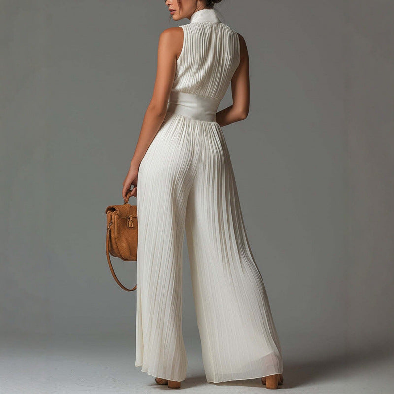 Womens Pleated Halter Neck Wide-Leg Jumpsuit
