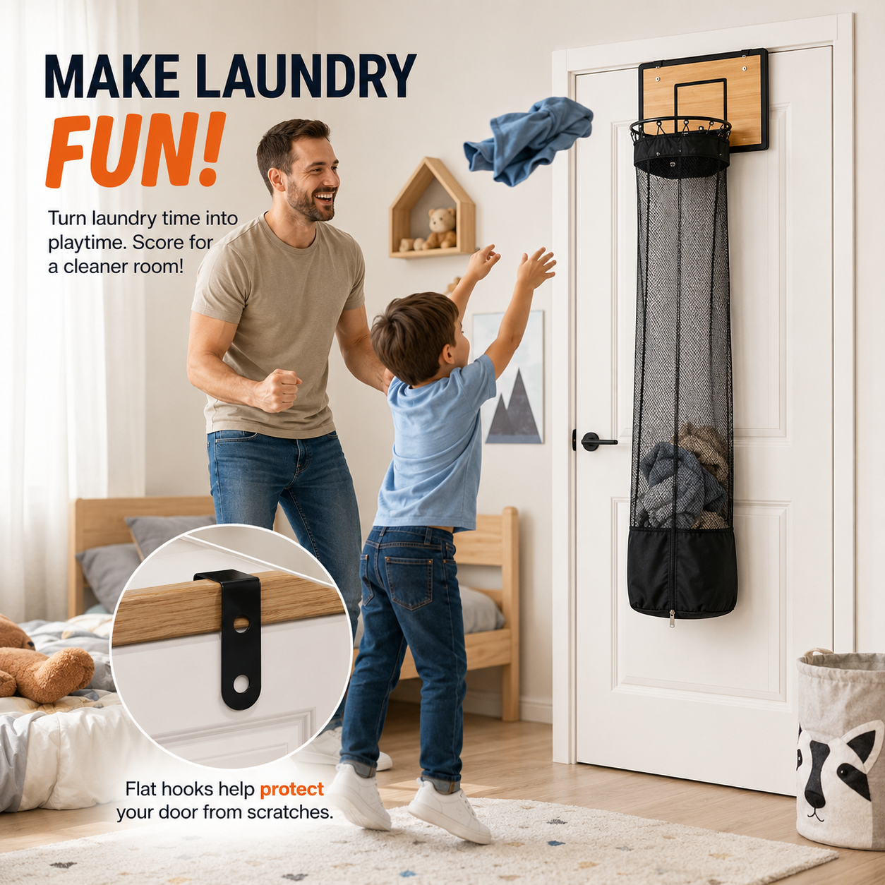 Wall-Mounted Wooden Basketball Hoop Laundry Basket