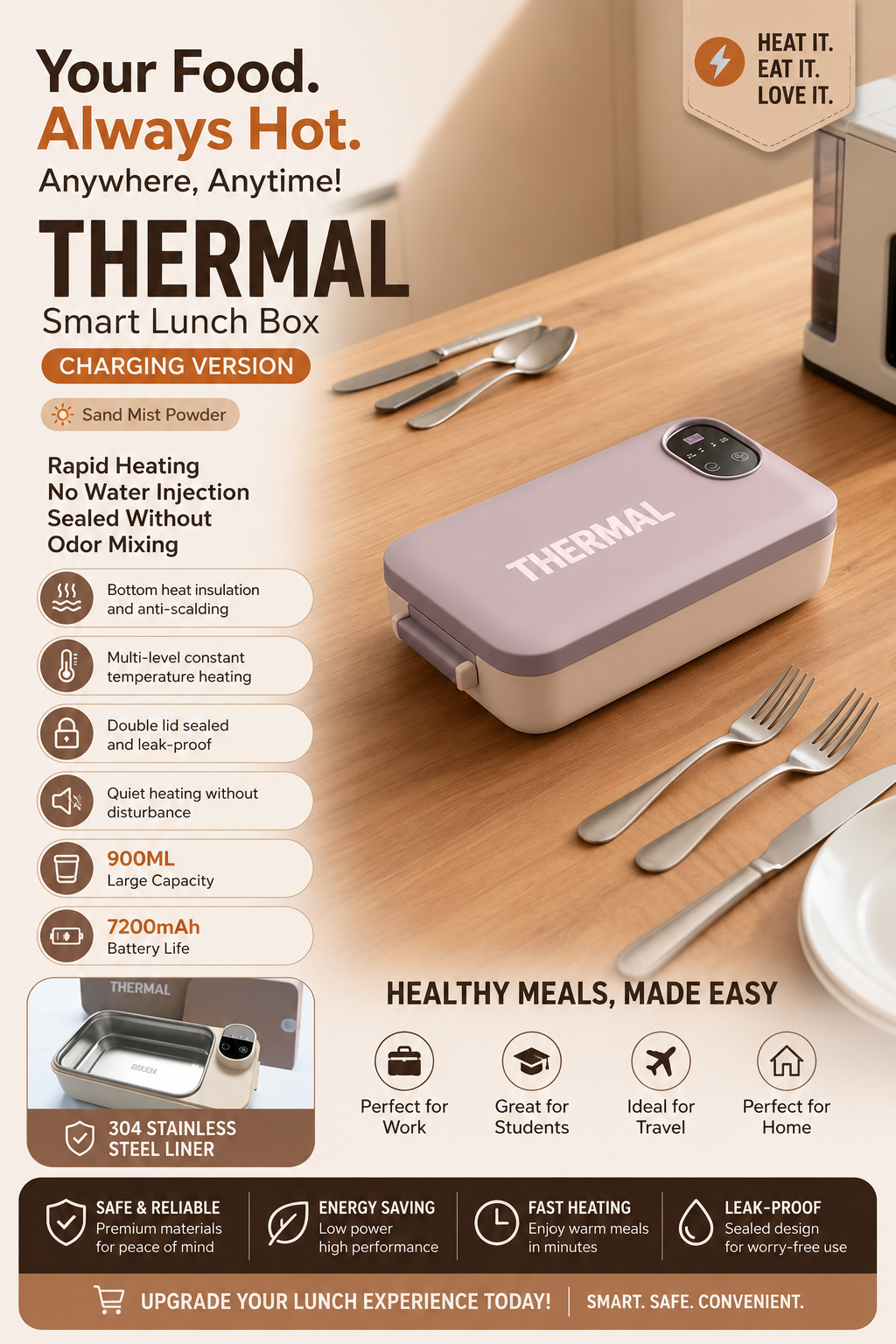 Rechargeable Electric Heating Lunch Box – 304 Stainless Steel